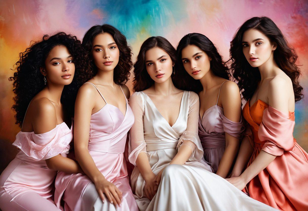 A captivating scene focusing on a diverse group of women, each representing different aspects of femininity, engaged in creative expression. Soft, warm lighting accentuates their features, with flowing fabrics and delicate flowers surrounding them. The background showcases an abstract blend of colors symbolizing passion and elegance. The overall mood is sensual yet empowering, inviting viewers to celebrate femininity. super-realistic. vibrant colors. soft-focus.